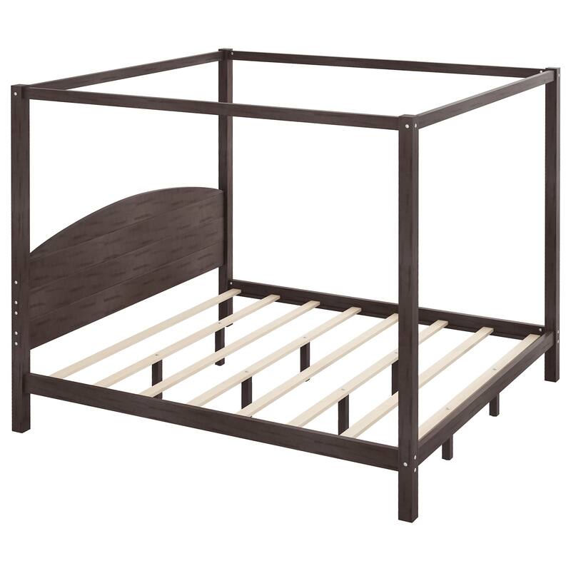 King Size Canopy Platform Bed with Headboard, Brown Wash, Sturdy Frame, Easy Assembly