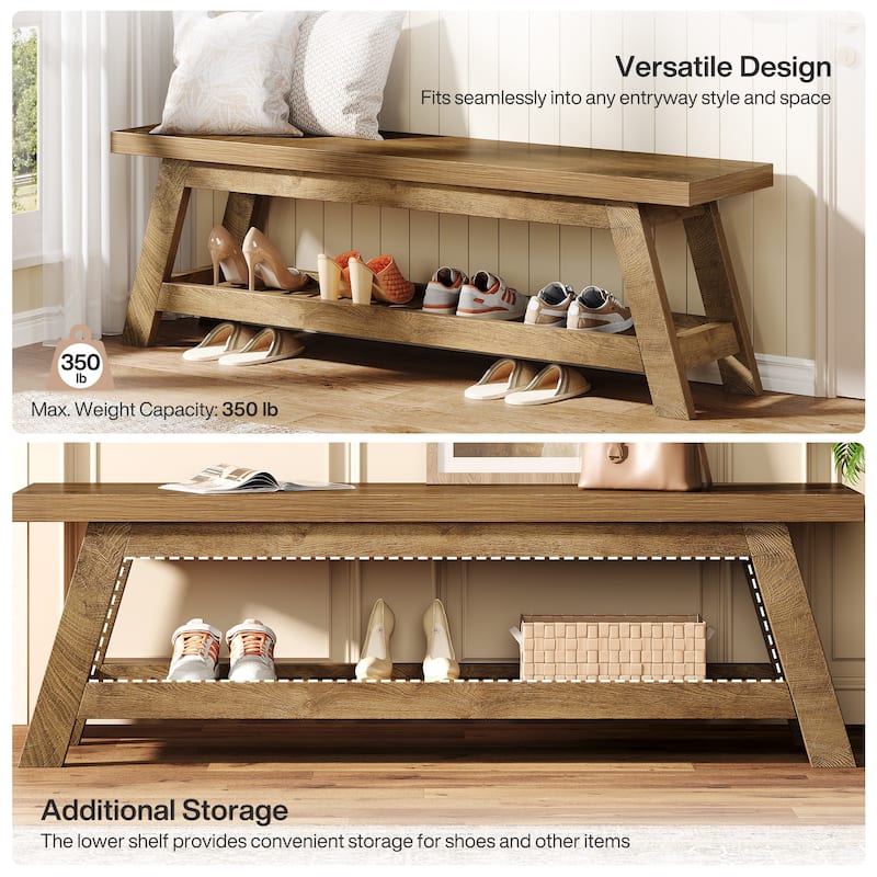 2-Tier Entryway Shoe Bench with Storage, 55-Inch Long Wood Storage Bench for Living Room, Bedrooms