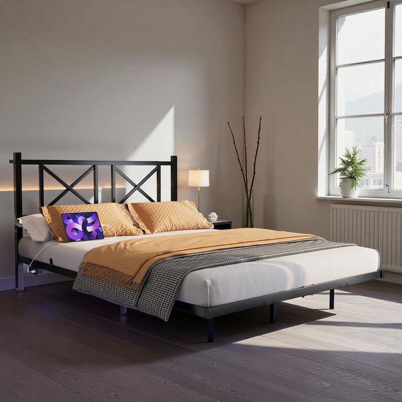 Full/Queen Floating Platform Bed Frame with LED Lights, USB Charging Station, Storage Headboard, Heavy-Duty Steel Slats - Black - Full