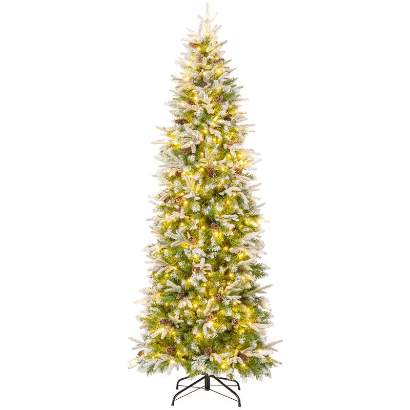 Gymax 6/7.5/9 FT Pre-Lit Artificial Christmas Tree Snow Flocked Hinged - 7.5 Foot