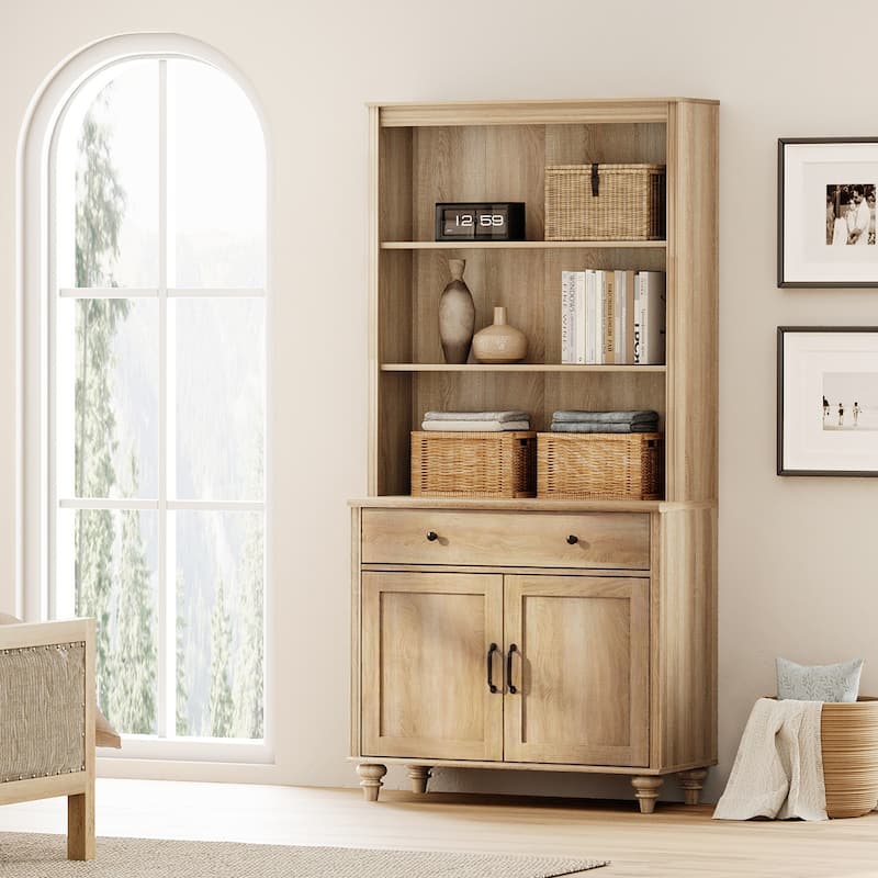 Oak Bookcase with Doors, Large Wood Farmhouse Book Case Shelf - 1 drawer and 2 doors