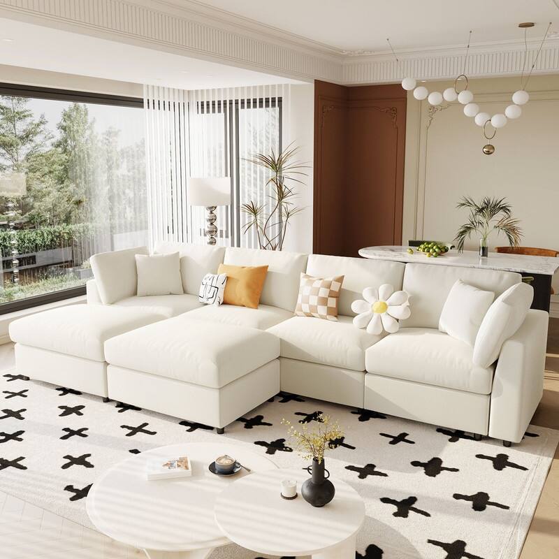 U-Shaped 6-Piece Sectional Sofa with Movable Ottomans Modular Design Soft Chenille Fabric for Versatile Seating
