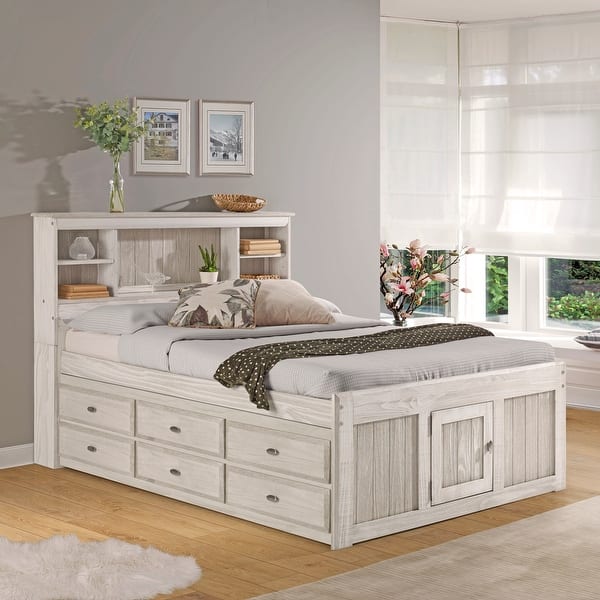 slide 2 of 4, OS Home and Office Furniture Model 85221K12-22 Solid Pine Full Captains Bookcase Bed with 12 drawers in Light Ash