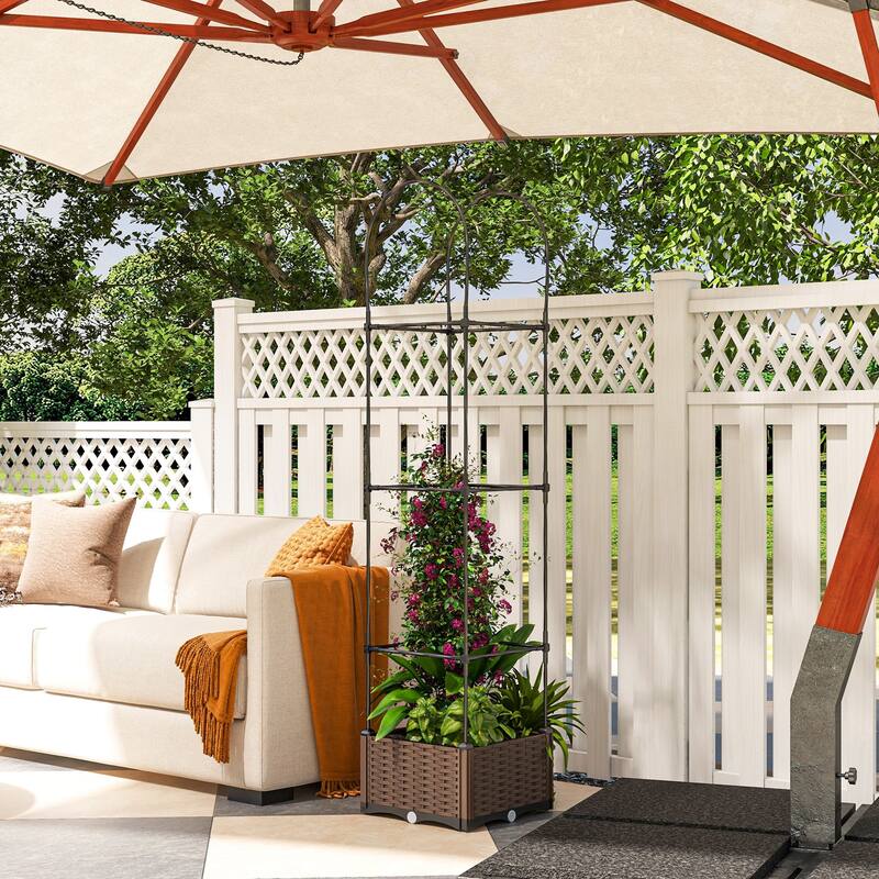 Outsunny 16" x 16" x 70" Garden Bed & Trellis Plant Stand with Self-Watering Disk, Drainage Holes, & Steel Frame - Brown