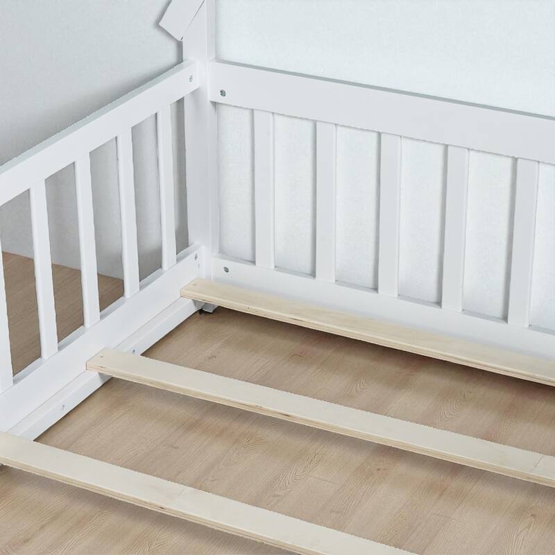 Twin Tent-Shaped Floor Bed with Guardrails, Low Platform Teepee Bed Frame with Slats, Solid Wood Design