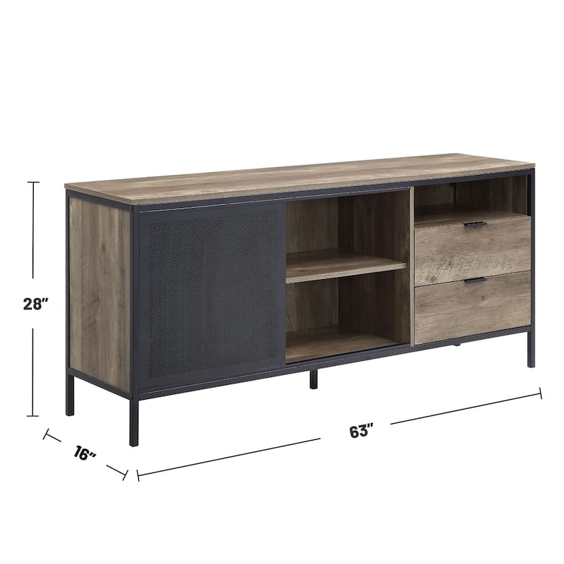 2 Drawers and 5 Open Compartments TV Stand in Rustic Oak and Black Finish