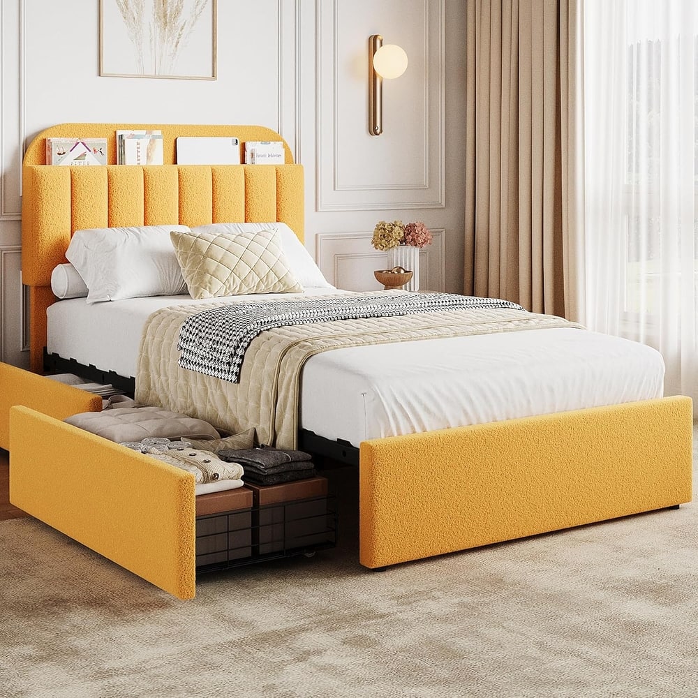 Bed Frame with 2 Drawers, Boucle Upholstered