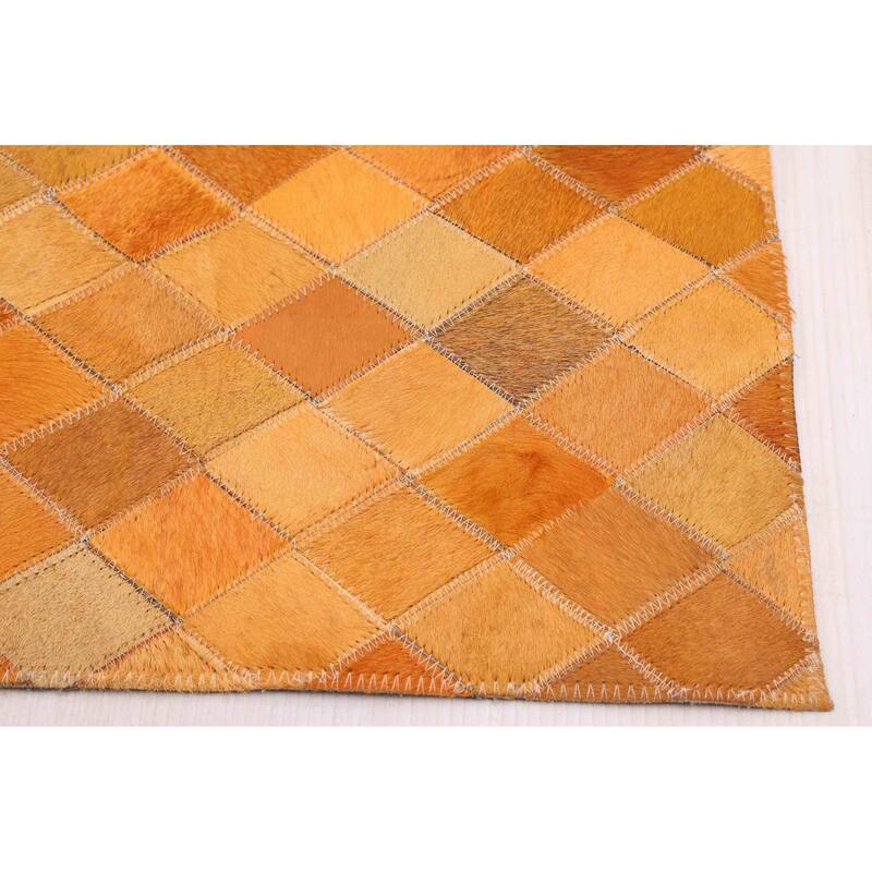 ECARPETGALLERY Handmade Cowhide Patchwork Orange Leather Rug - 6'0 x 6'0