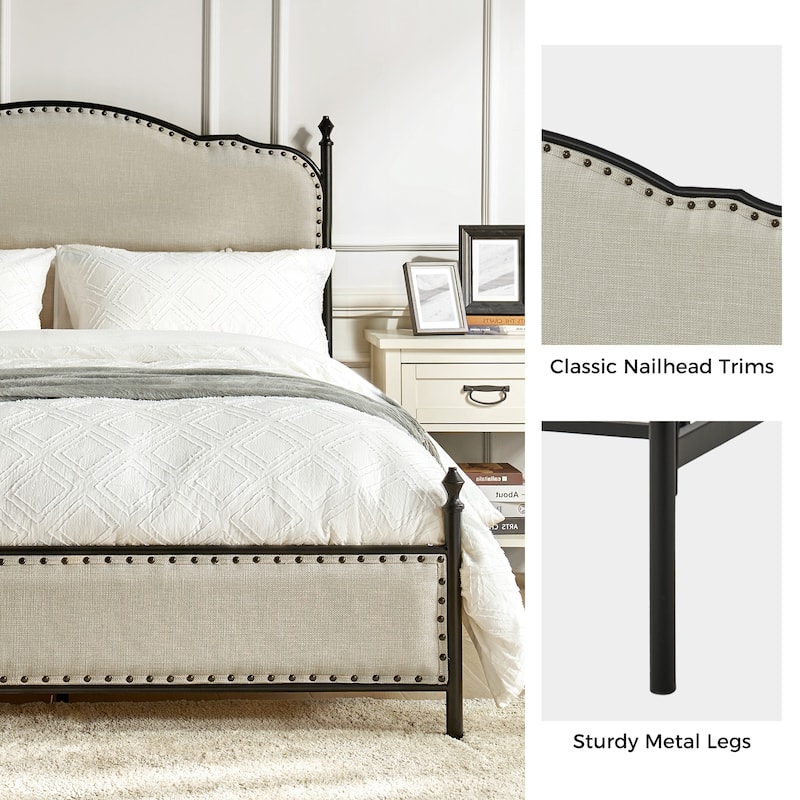 Eulalia Transitional Upholstered Platform Metal Bed Frame Four Poster Bed with High Headboard&Pillow