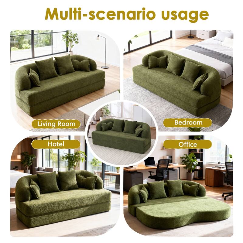 2-in-1 Foldable Sofa Bed, 70" Convertible Boneless Couch Sleeper with 4 Pillows, Chenille Foam Futon for Living Room