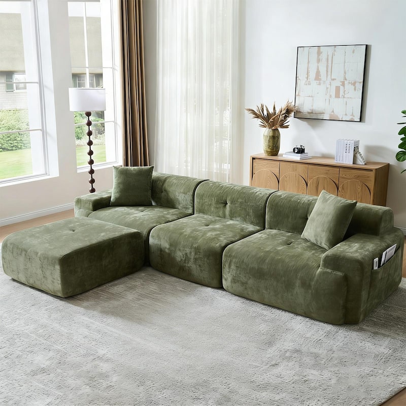 118 inch Oversized 3 Seater L-Shaped Chenille Boneless Modular Sectional Sofa Couch with Movable Ottoman - Green