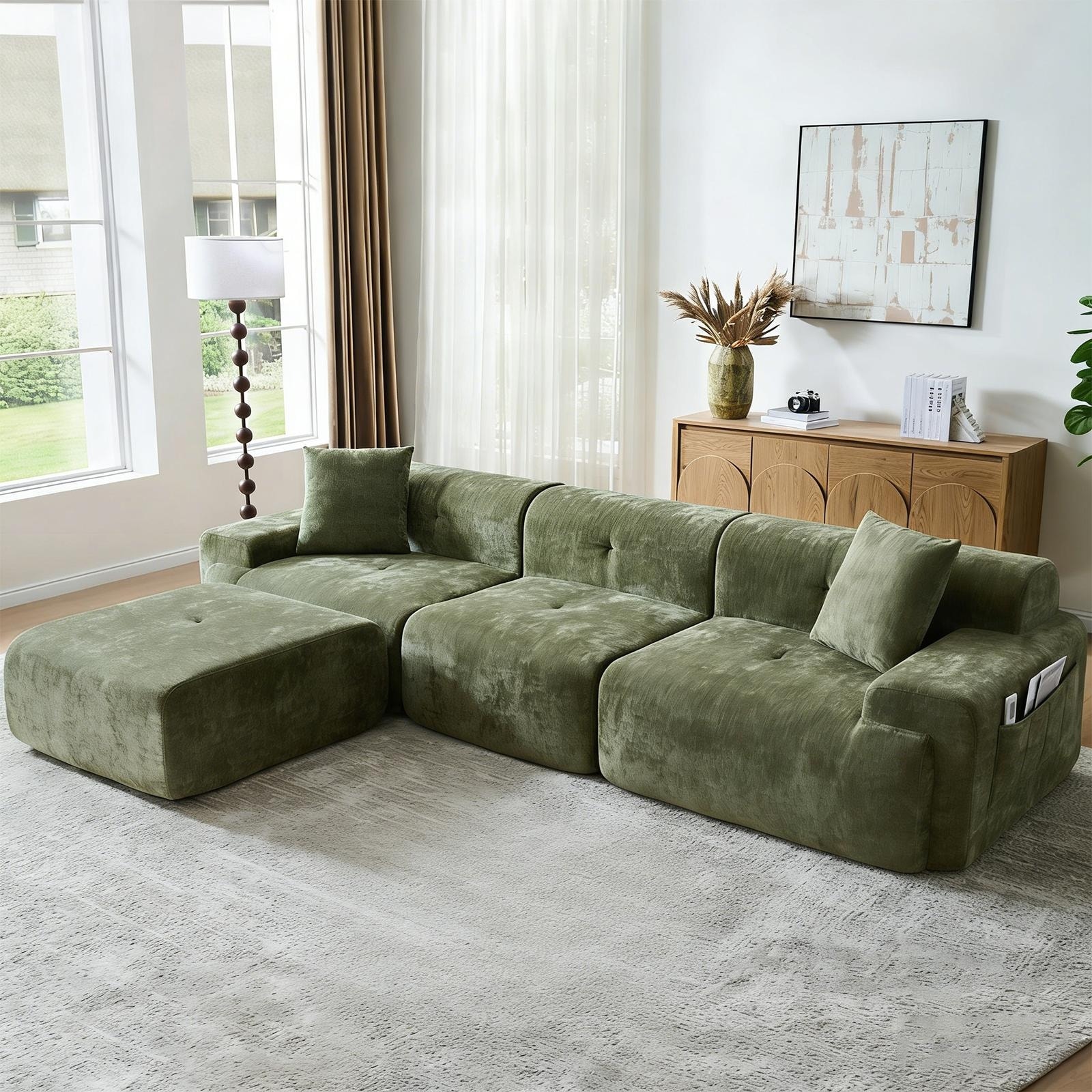 118 inch Oversized 3 Seater L-Shaped Chenille Boneless Modular Sectional Sofa Couch with Movable Ottoman