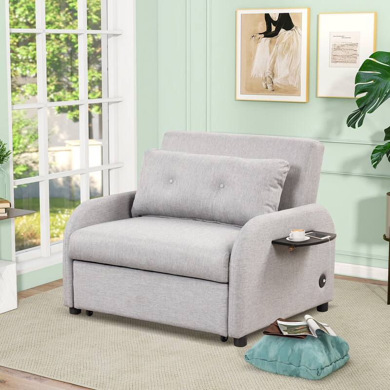 Pull Out Sofa Sleeper 3 in 1 with 2Wing Table and USB Charge for Living Room, Recreation Room