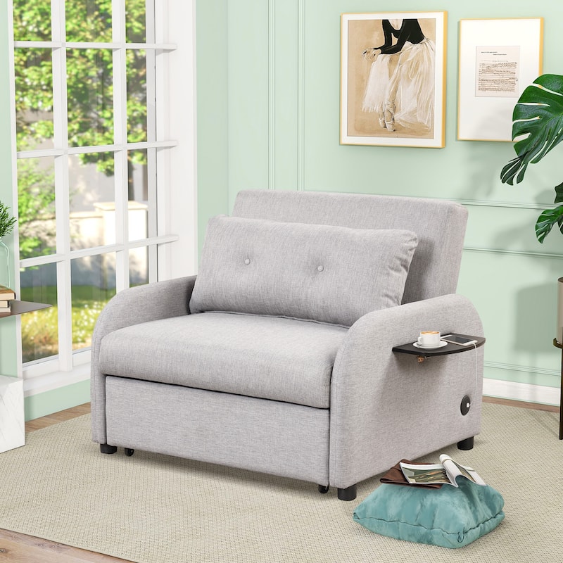 Roomfitters 3-in-1 Pull-Out Sofa Sleeper with 2-Wing Table USB Charging Port for Living Room Recreation Room