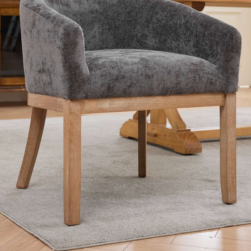 Mid Century Modern Upholstered Barrel Dining Chairs with Arms, Farmhouse Linen Kitchen Chairs with Natural Hardwood Frame