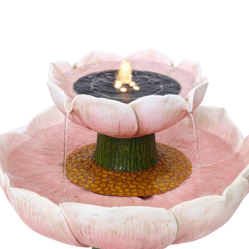 Solar Powered Pink Flower 2-Tier Resin Birdbath Fountain with Lights