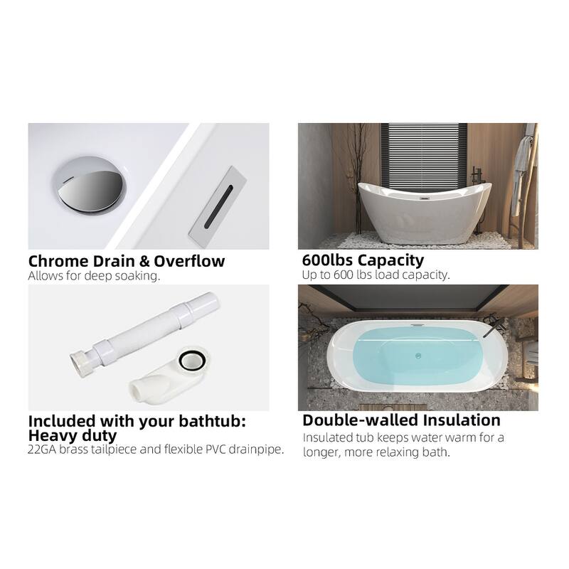 GDFStudio - Juliette Modern Freestanding Soaking Tub with Ergonomic Spa-Style Comfort - 59 "Acrylic freestanding tub