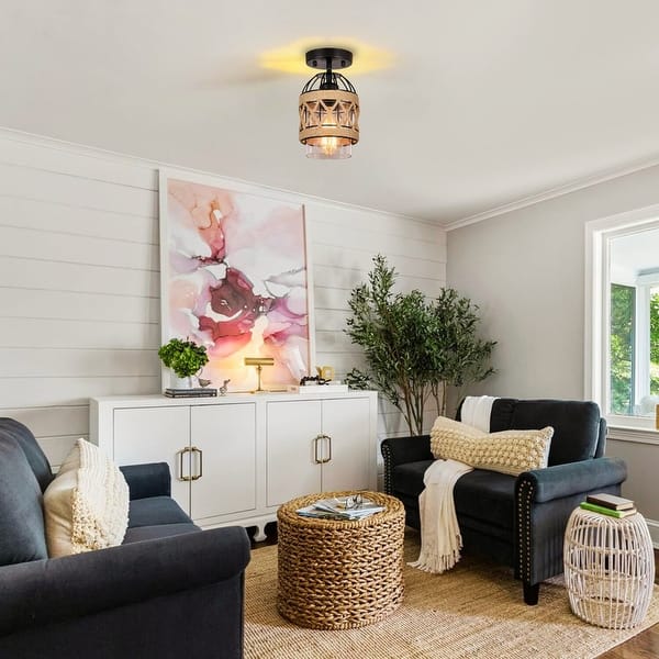 slide 2 of 5, Farmhouse light bulb glass metal rattan dining Room black ceiling light - N/A