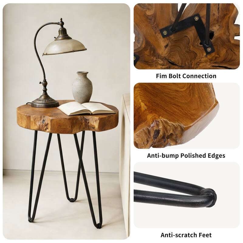 Round Natural Unique Shape Teak Wood End Table with Iron Legs