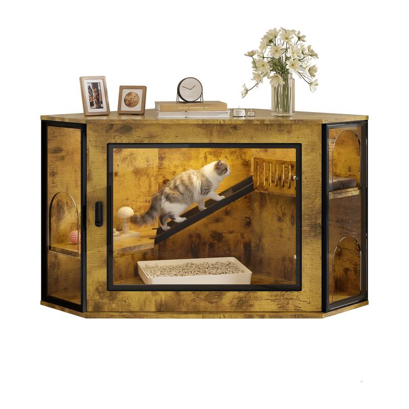 48" Corner Cat Litter Box Enclosure, Modern Hidden Litter Box Corner Cabinet with Acrylic Door and LED Light