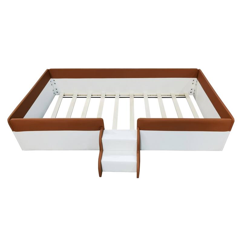 Roomfitters Twin/Full/Queen/King Size Upholstered Daybed Frame with Safety Fence and Stairs, PU Fabric Platform Bed with Slats