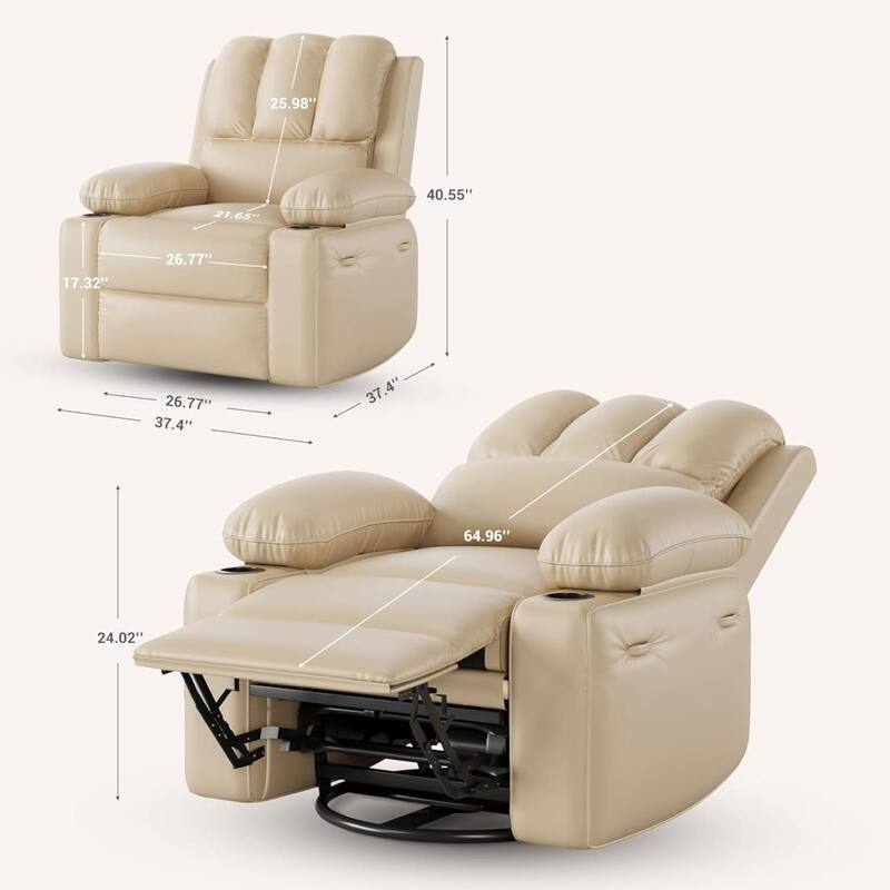 Oversized Manual PU Leather Recliner Sofa Chair with Cup Holders