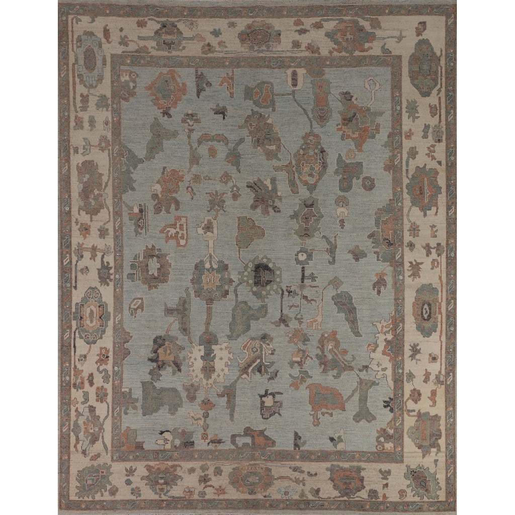 Blue Floral Oushak Turkish Area Rug Handmade Wool Carpet - 8'0"x 9'7"