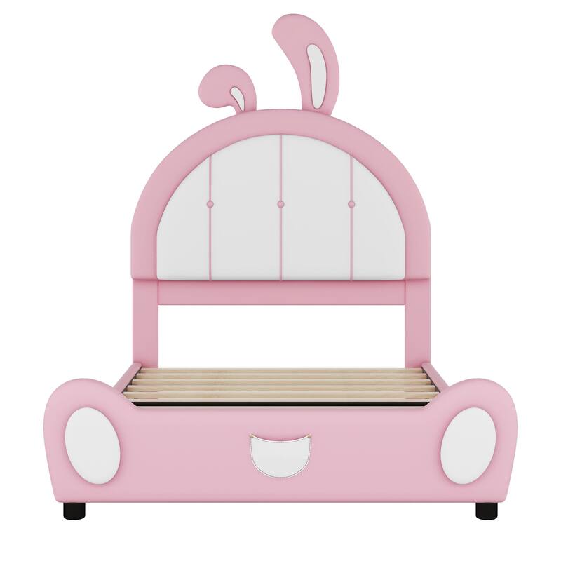 Twin Upholstered Bed Princess Platform Bed w/ Rabbit Shaped PU Headboard