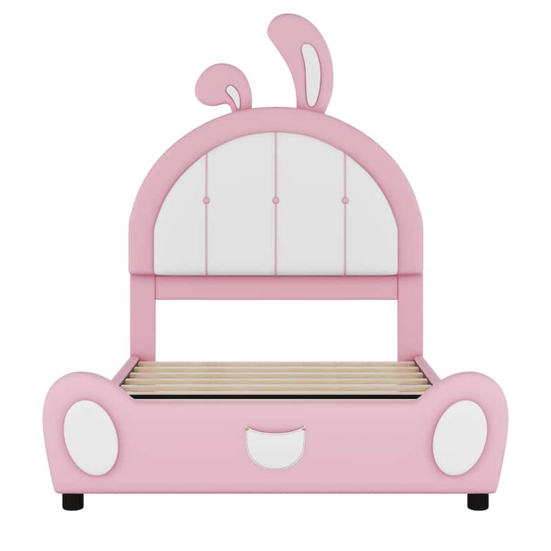 Upholstered Leather Bed Frame, Twin Size Platform Bed with Rabbit Shaped Headboard and Footboard for Bedroom, Study