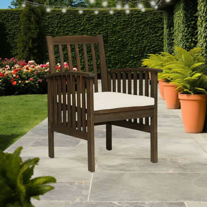 Gerry Dining Chair, Outdoor Traditional Slatted Gray Acacia Wood, Cream