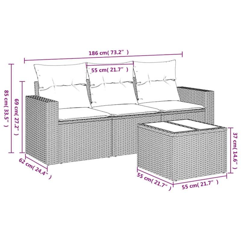 vidaXL Patio Sofa Set with Cushions Outdoor Conversation Furniture Poly Rattan - 25.8" x 24.4" x 27.2"