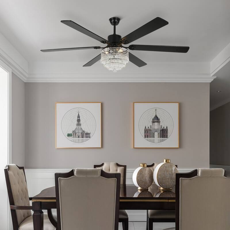 CurveCurio 65" Lagre Ceiling Fan w Crystal Light Shade and Wood Blades, Quiet DC Motor w Remote For Large Room - 65" * 65" * 26"