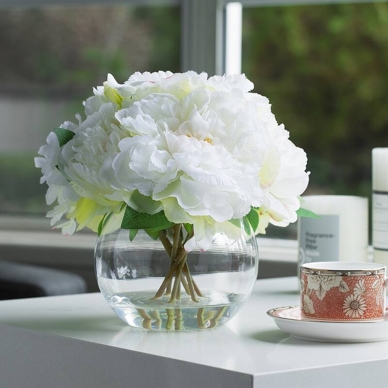 Enova Home Artificial Silk Peony Fake Flowers Arrangement in Round Glass Vase with Faux Water - 10"H x 10"W - Cream