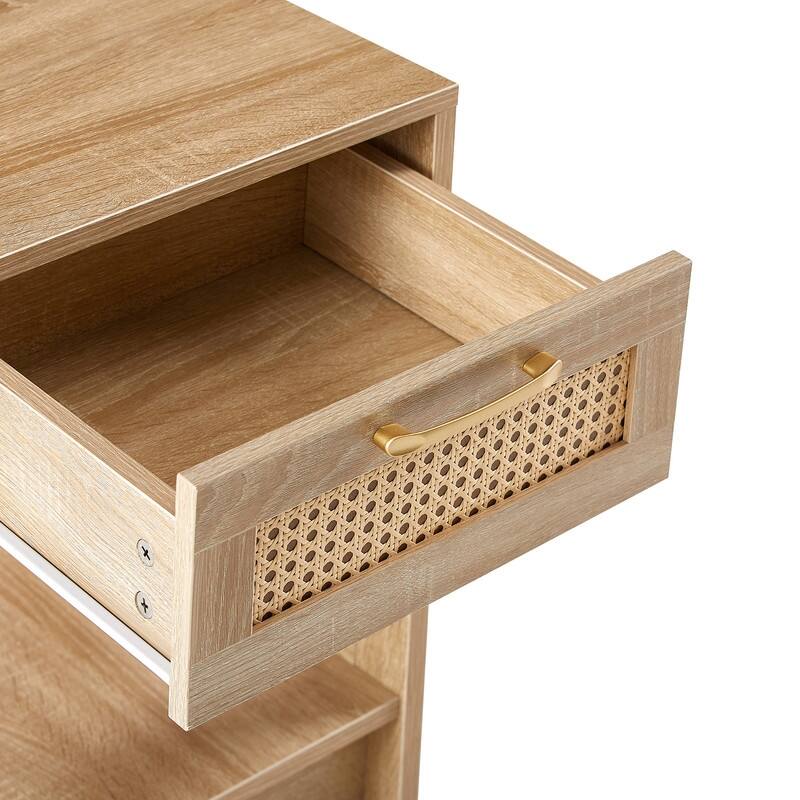 Mid-Century End Table with Storage Drawer and Open Shelf Rattan Bedside Table Small Side Table