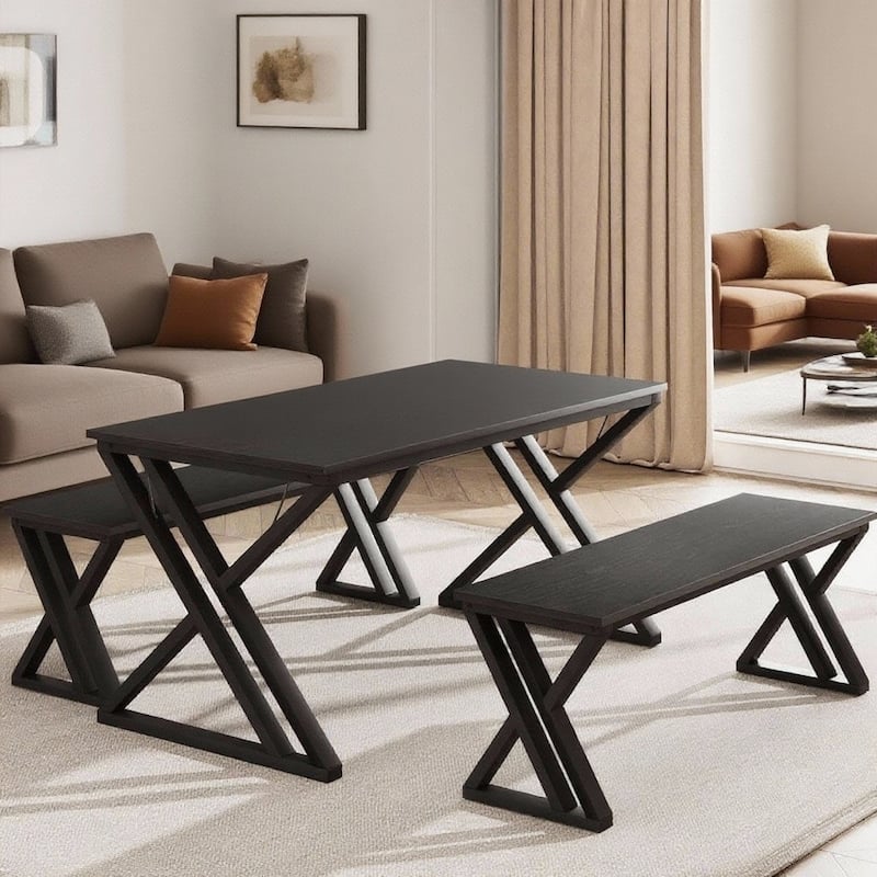 Kitchen Table Set , with X Metal Frame and Benches - Black