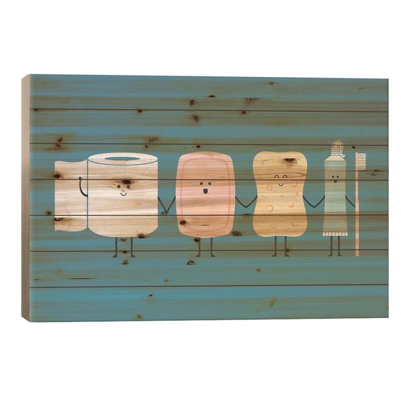 The Bathroom Gang Print On Wood by HandsOffMyDinosaur - Multi-Color - 18x26x1.5