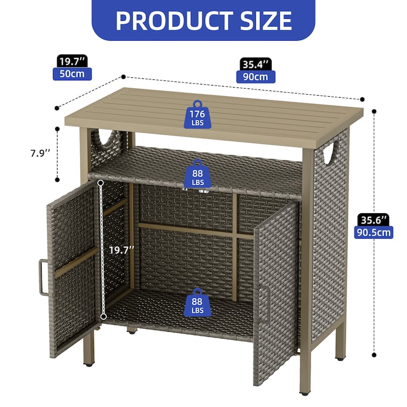 Moasis Outdoor Wicker Bar Table Ratten Storage Cabinet with 2 Doors and Shelves