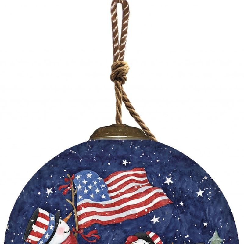 Three Snowman and an American Flag Hand Painted Mouth Blown Glass Ornament - 3"x 3" x 3"