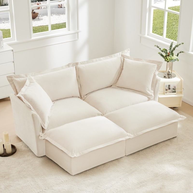 Modern 2 Seater Upholstered Sofa with 2 Ottomans and 2 Pillows