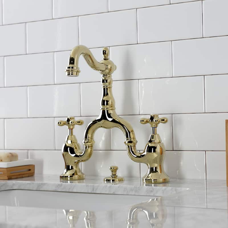 English Country Bridge Bathroom Faucet with Brass Pop-Up
