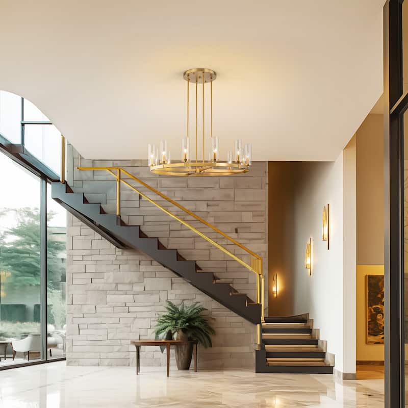 12-Light Mid-Century Modern Gold/Black Clear Glass Large Wagon Wheel Chandelier for Dining Room/ Living Room