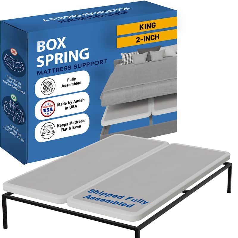 Box Spring Bed Base, 2" Wood Foundation, Quiet Noise Free, 2-Pieces Under Mattress-Support Box Spring, Fully Assembled, White - King - White