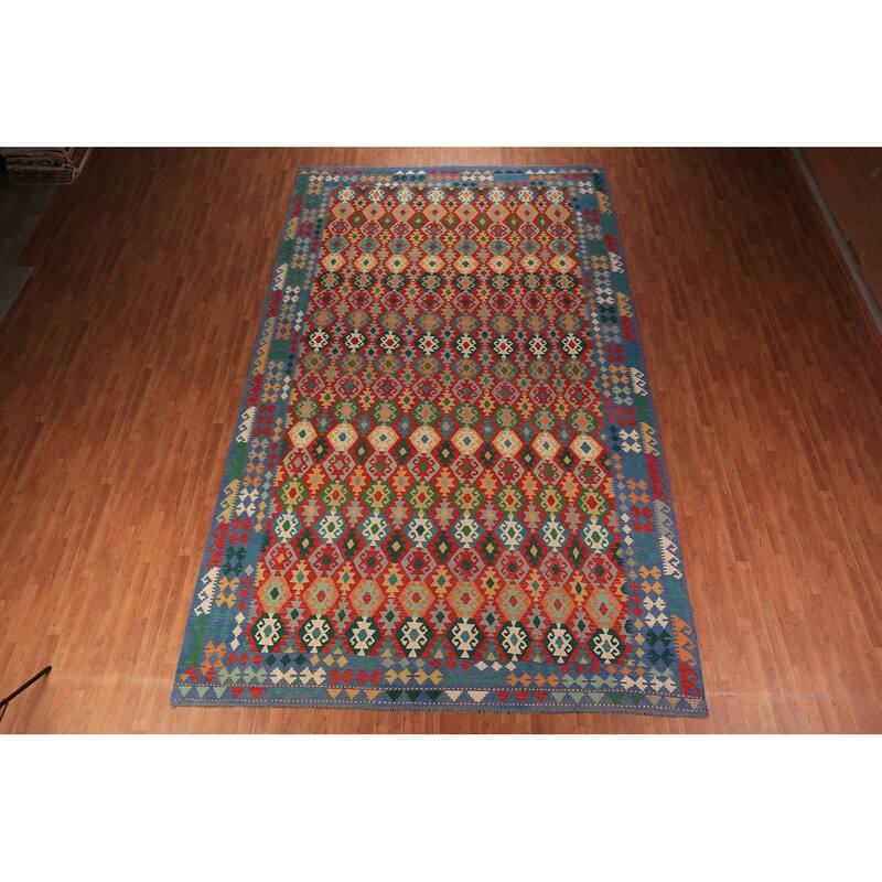 Geometric Kilim Large Rug Hand-Woven Oriental Wool Carpet - 10'2" x 16'1"