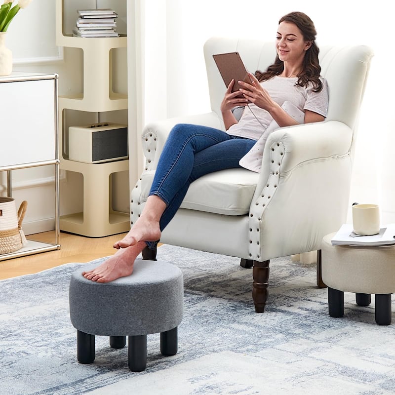 Modern Small Round Linen Ottoman Footstool with Wooden Legs for Bedroom or Living Room