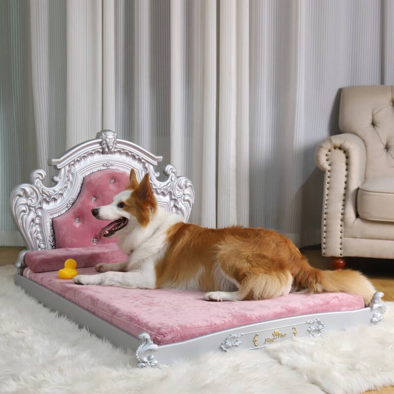Silver Baroque Soft Velvet Cover Dog Bed Pet Sofa Furniture With Tufted Headboard Diamonds Decor - Extra Extra Large - Pink