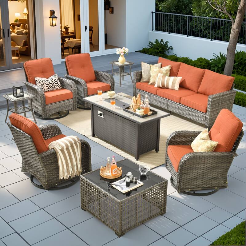 XIZZI Outdoor Patio Furniture Grey Wicker Conversation Seating Set - 9-Piece Fire Pit Set - Red/Orange