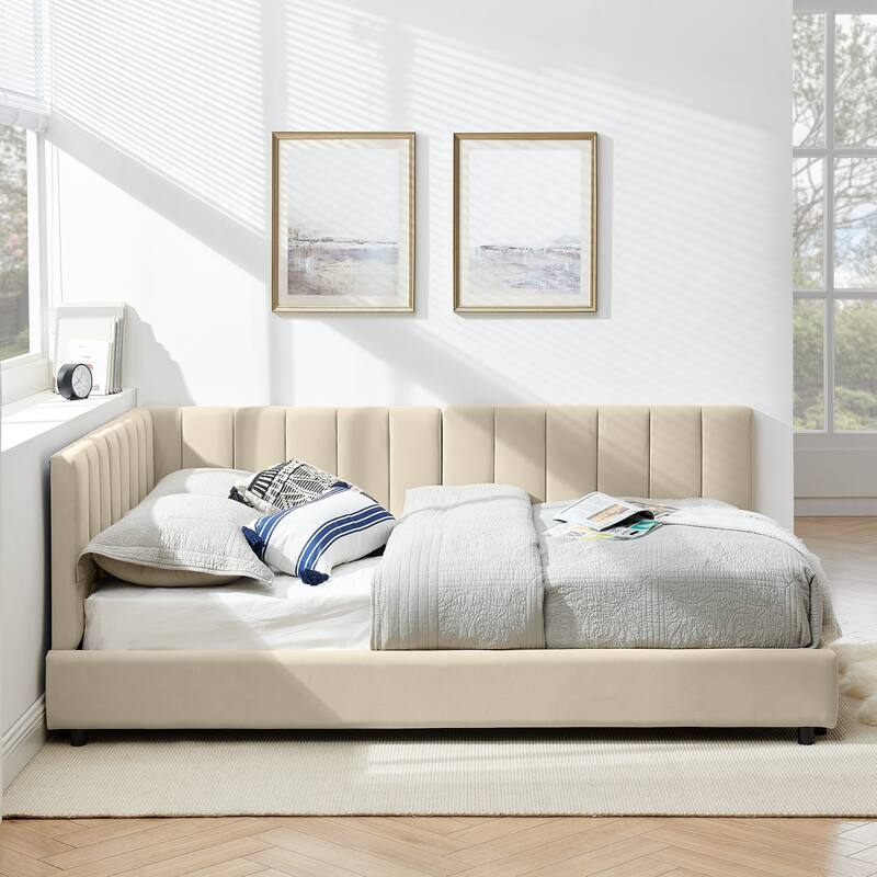 Full Size Upholstered Tufted Bed Frame with Backrest and Armrests, Velvet Beige, 81''x60''x29.5''