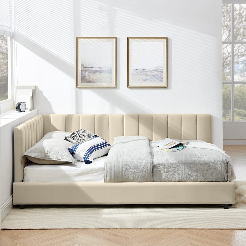Full Size Velvet Upholstered Daybed with Tufted Backrest and Armrest, Mid-Century Sofa Bed Frame for Bedroom or Living Room