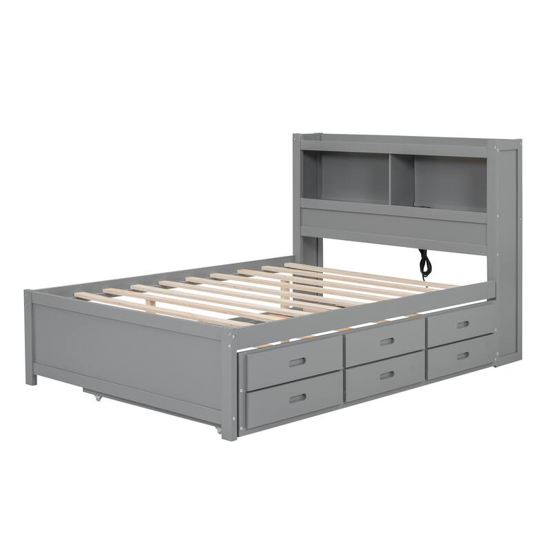 Full Size Storage Platform Bed with Trundle, Drawers and USB Ports in Gray