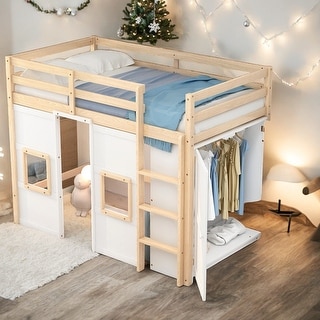 Wood Twin Size Loft Bed with Storage Wardrobe and 2 Windows, White